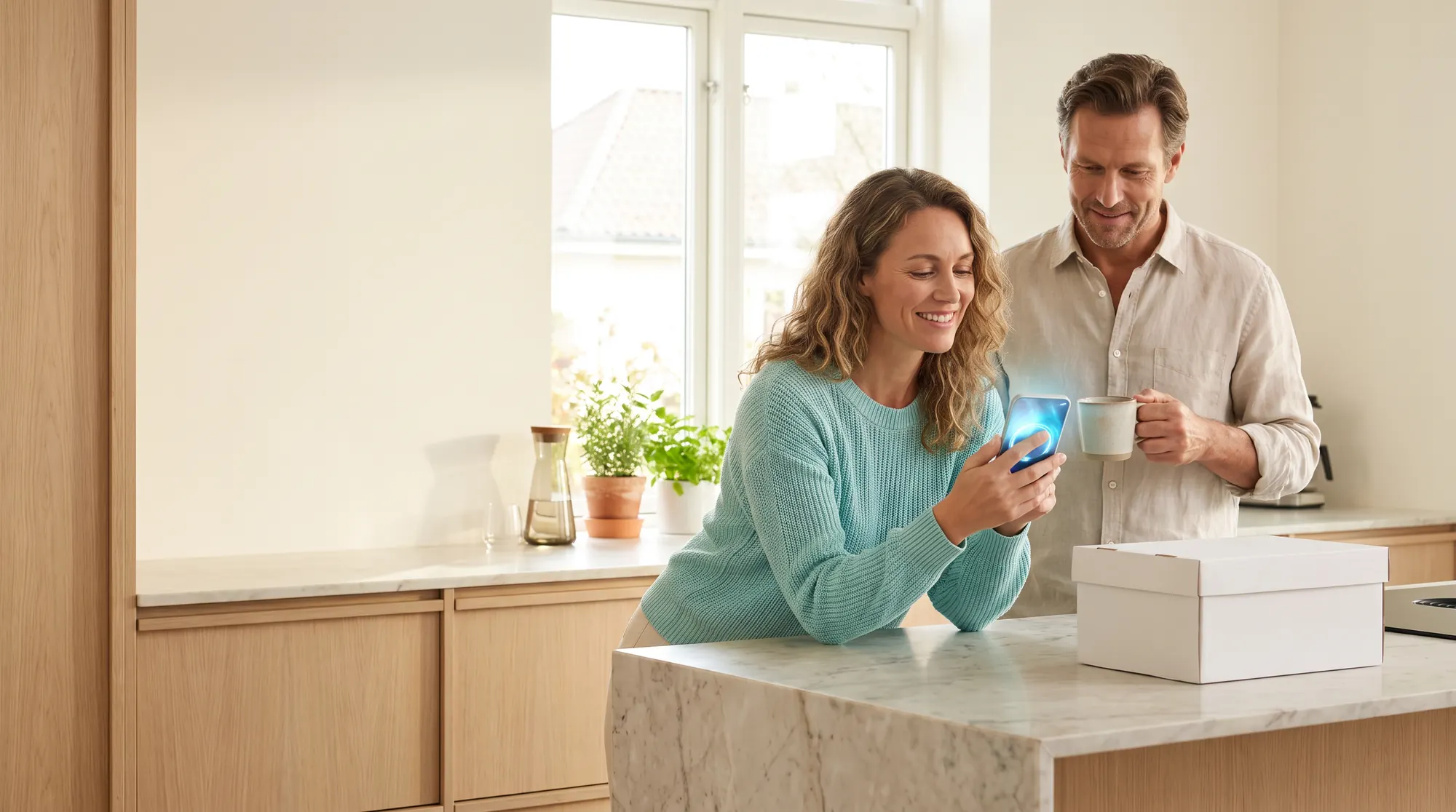 Two adults preparing for the day in a bright kitchen with a Peptivo delivery box