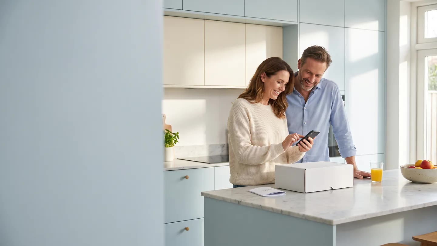 Two adults in morning light with a discreet Peptivo care package