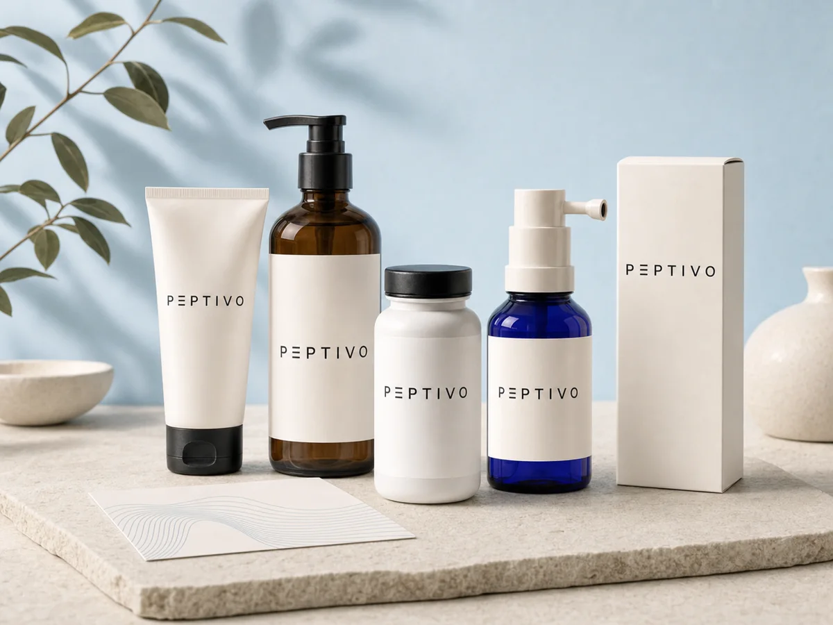 Illustrative Peptivo Hair Care program kit with oral and topical formats