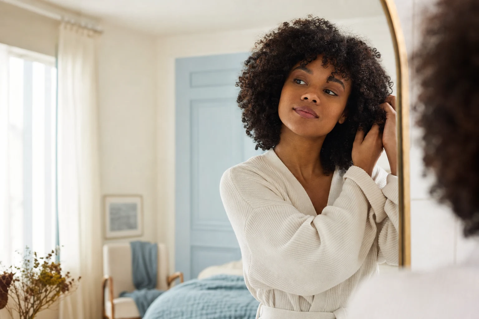 A woman following a simple hair-care routine at her mirror