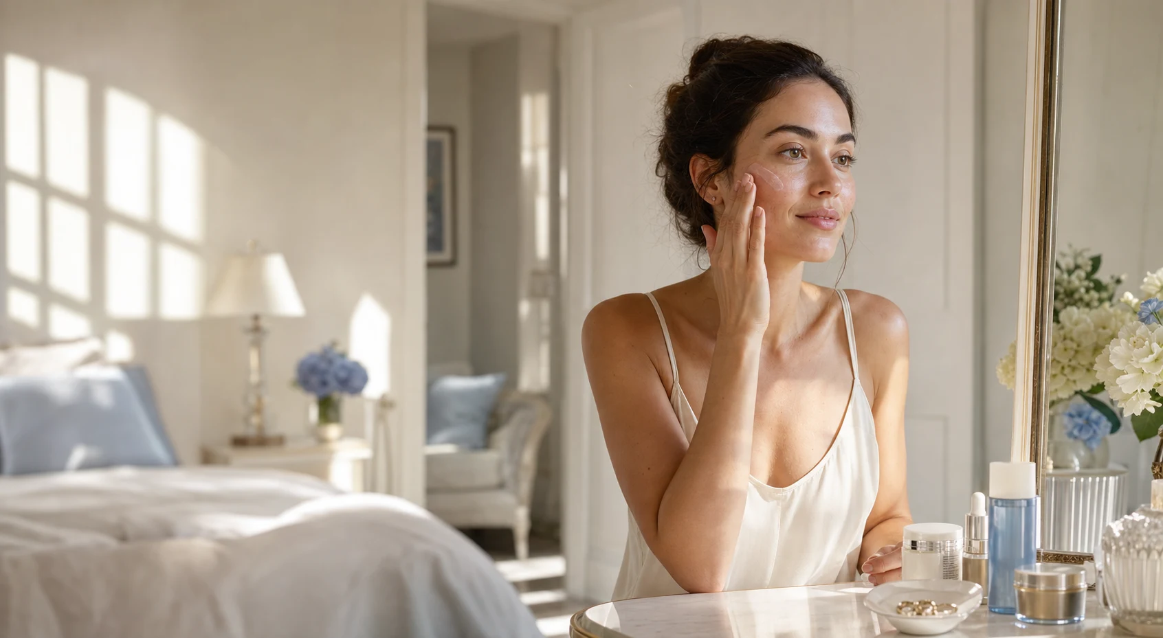A woman applying skin care at a softly lit vanity