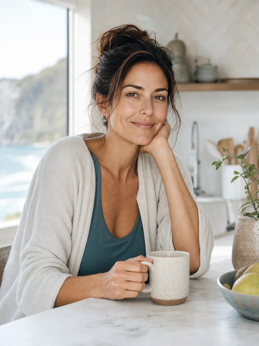 Illustrative portrait of a woman in a bright coastal kitchen