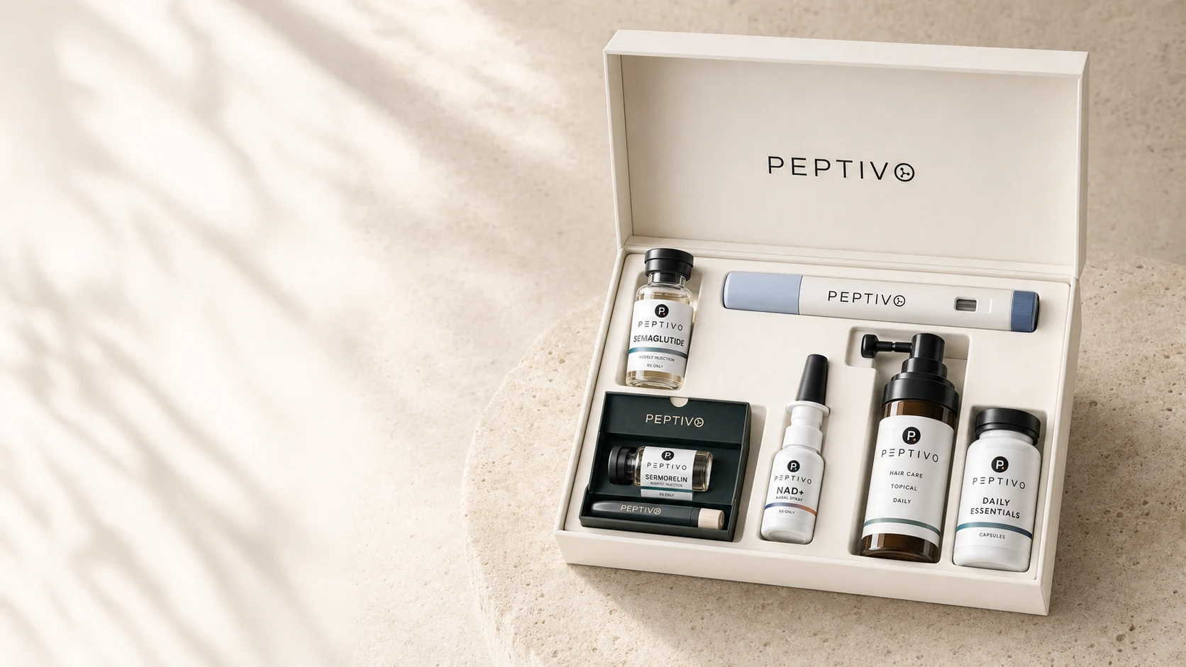 An illustrative Peptivo delivery with five distinct product formats including GLP-1, NAD+, Sermorelin, hair care, and daily supplements