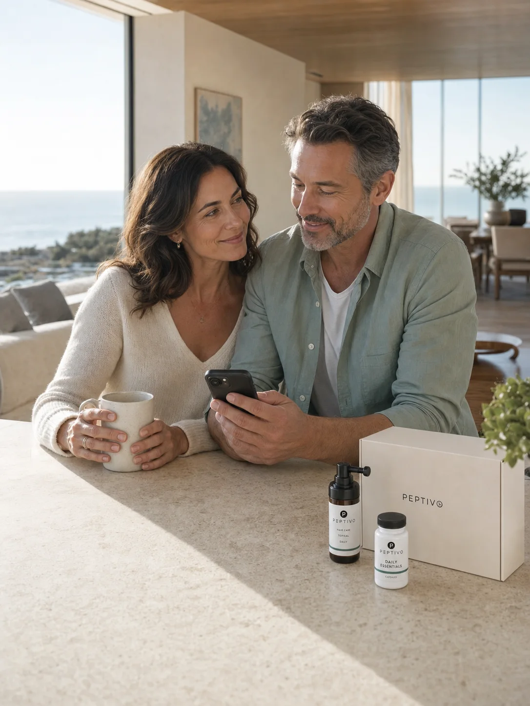 A couple reviewing their Peptivo care plan together during a bright morning at home