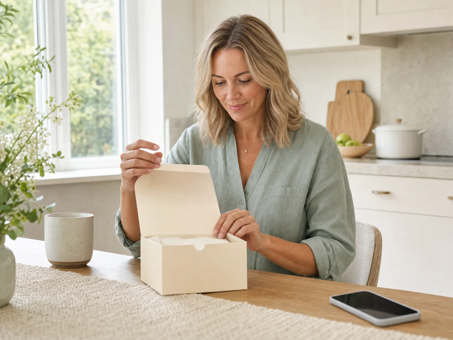 A blonde Peptivo member opening her delivery at home