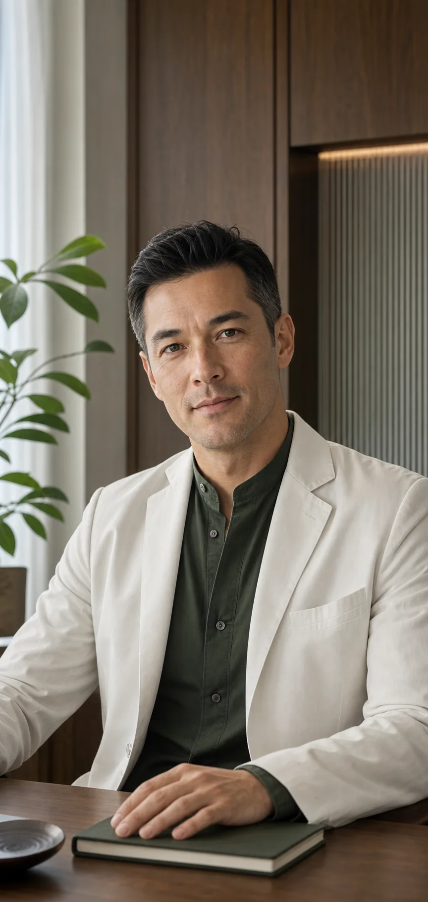 An illustrative mixed Chinese and white male medical provider in a warm modern office