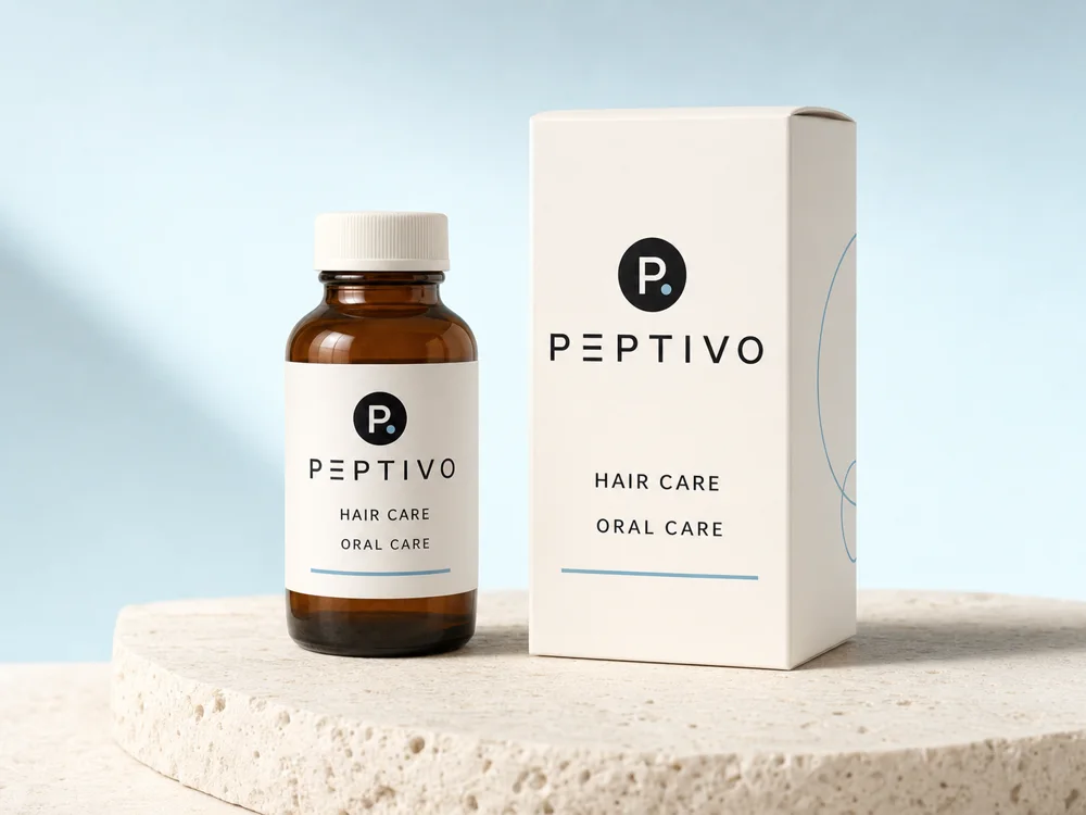 Illustrative Peptivo clinician-reviewed oral hair-care packaging