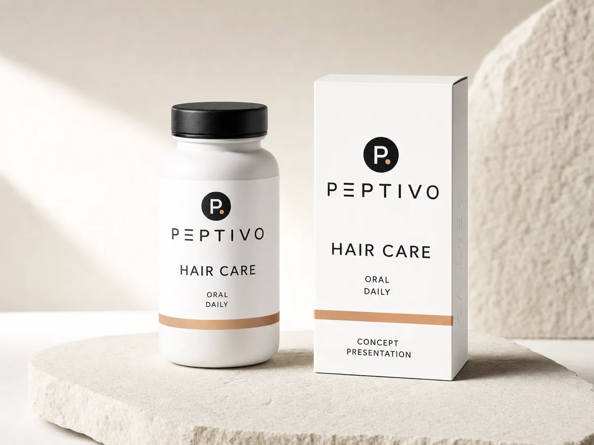Illustrative Peptivo oral hair-care packaging