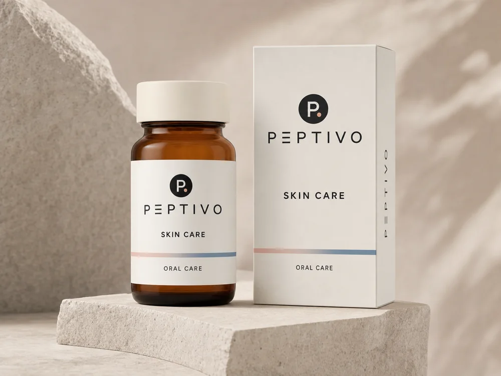 Illustrative Peptivo clinician-reviewed oral skin-care packaging