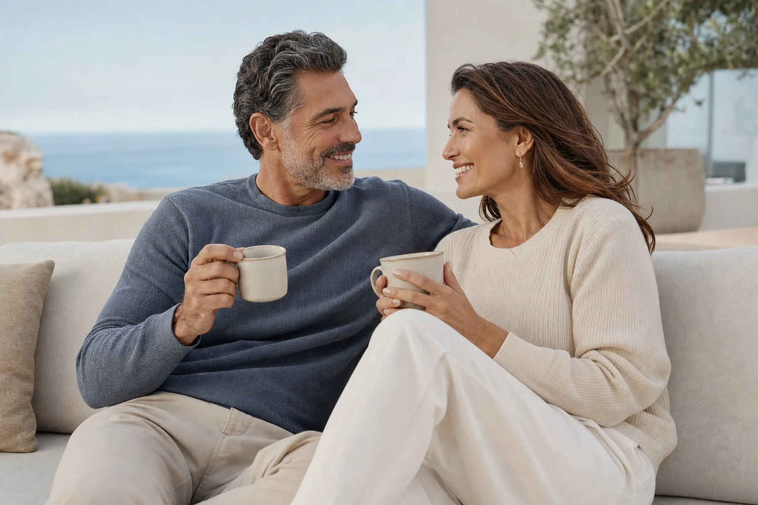 Couple sharing coffee in a coastal home