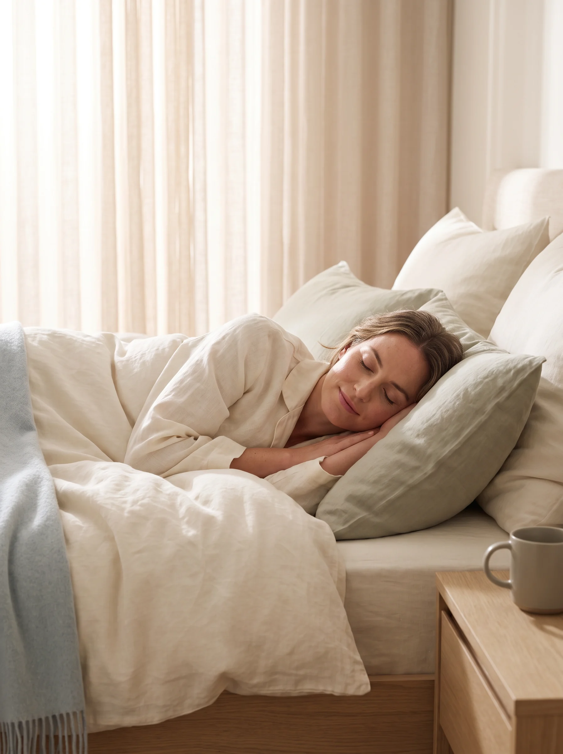 Woman sleeping peacefully in a softly lit bedroom